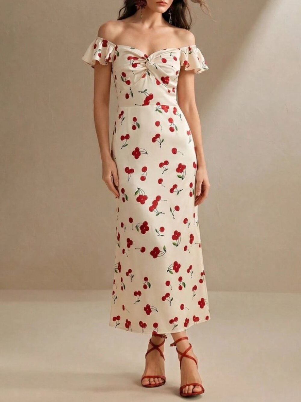 Ivory Cherry Print Satin Midi Dress with Twist Front